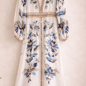 FARM Rio White Maxi Dress with Blue and Tan Floral Embroidery